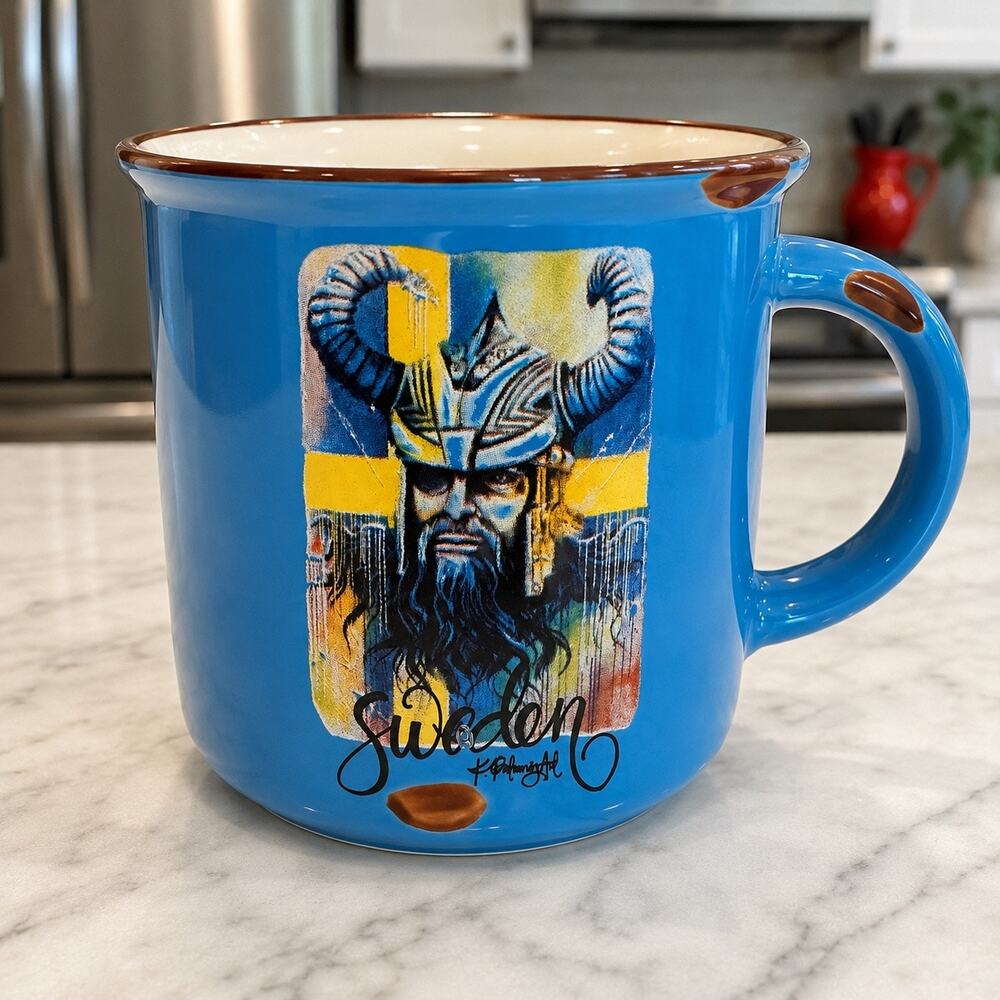 Haga of Sweden Viking Mug Katarina Palmnäs Blue Stoneware Swedish Souvenir 12 oz